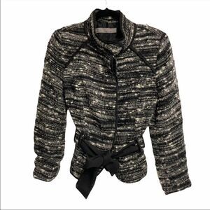 ZARA Boiled Wool Blazer Jacket Tie Waist Black Cream M